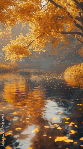 Golden Autumn Leaves Reflecting on Tranquil River - Made with Generative AI photo