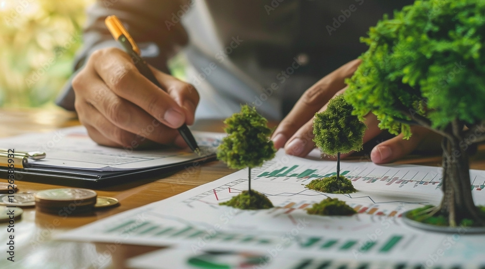 Businessman is sitting at surrounded by small trees with ink pen to write planning on future ecology Businessman is sitting at surrounded by small trees with ink pen to write planning on future ecology