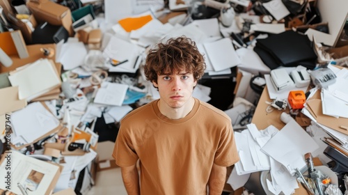 Disorganized Room with Young Man in Casual Outfit
