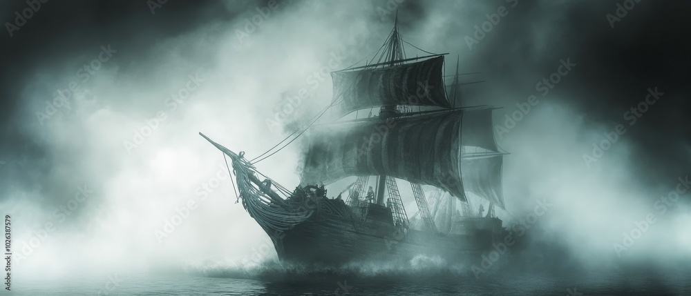 Fototapeta premium A large ship sails through a foggy sea