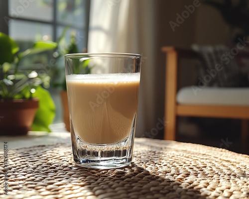 A glass of soy milk showcasing its benefits as a vegan nutrition drink, promoting healthy organic breakfasts rich in protein and beanbased diet choices photo