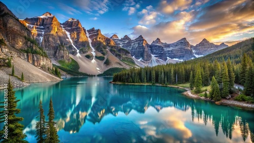 Vibrant moraine lake and mountain range in Canadian Rockies during morning