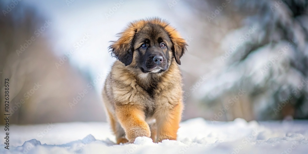 One small Leonberger puppy walking in snow in winter with shallow depth of field One small Leonberger puppy walking in snow in winter with shallow depth of field