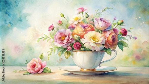 Watercolor painting of flowers in a cup