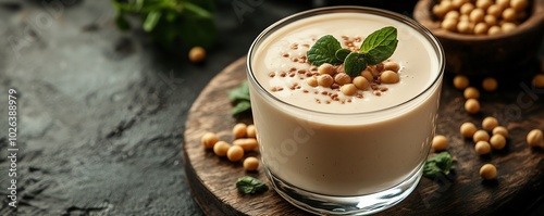 Delicious soy milk served in a glass, promoting its vegan qualities and healthy breakfast options, rich in protein and natural ingredients for a balanced diet