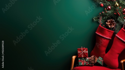 Christmas Background, Festive Christmas boots with gifts, decorated tree against a green background. photo