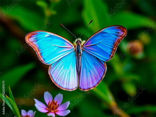 A bright blue butterfly sits on a delicate pink flower in a lush garden 