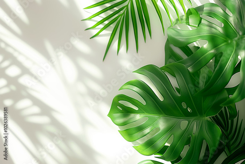 Vibrant green foliage displays its intricate patterns, casting delicate shadows on a bright white backdrop. This arrangement captures the harmony of nature and design