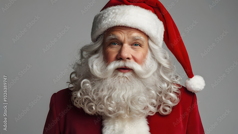 Santa Claus with a curly lush gray beard in a cap and suit on a light background Santa Claus with a curly lush gray beard in a cap and suit on a light background