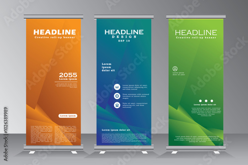 Roll up banner design display template, verticl banner design with green and blue, Roll up banner for business, conferance, event, welcome, party, fourm, campus, university, 