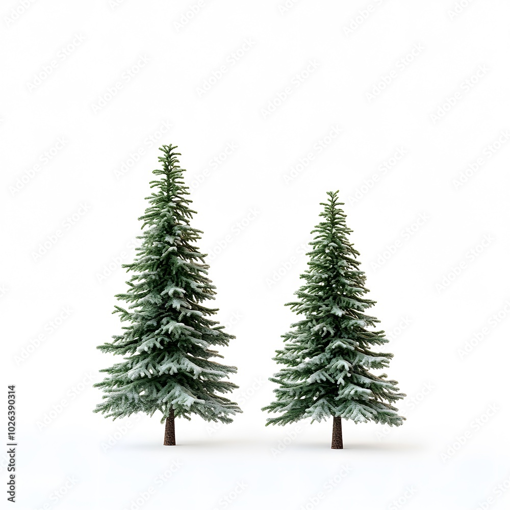 Twin snow-covered evergreen trees on a minimalist white background Twin snow-covered evergreen trees on a minimalist white background