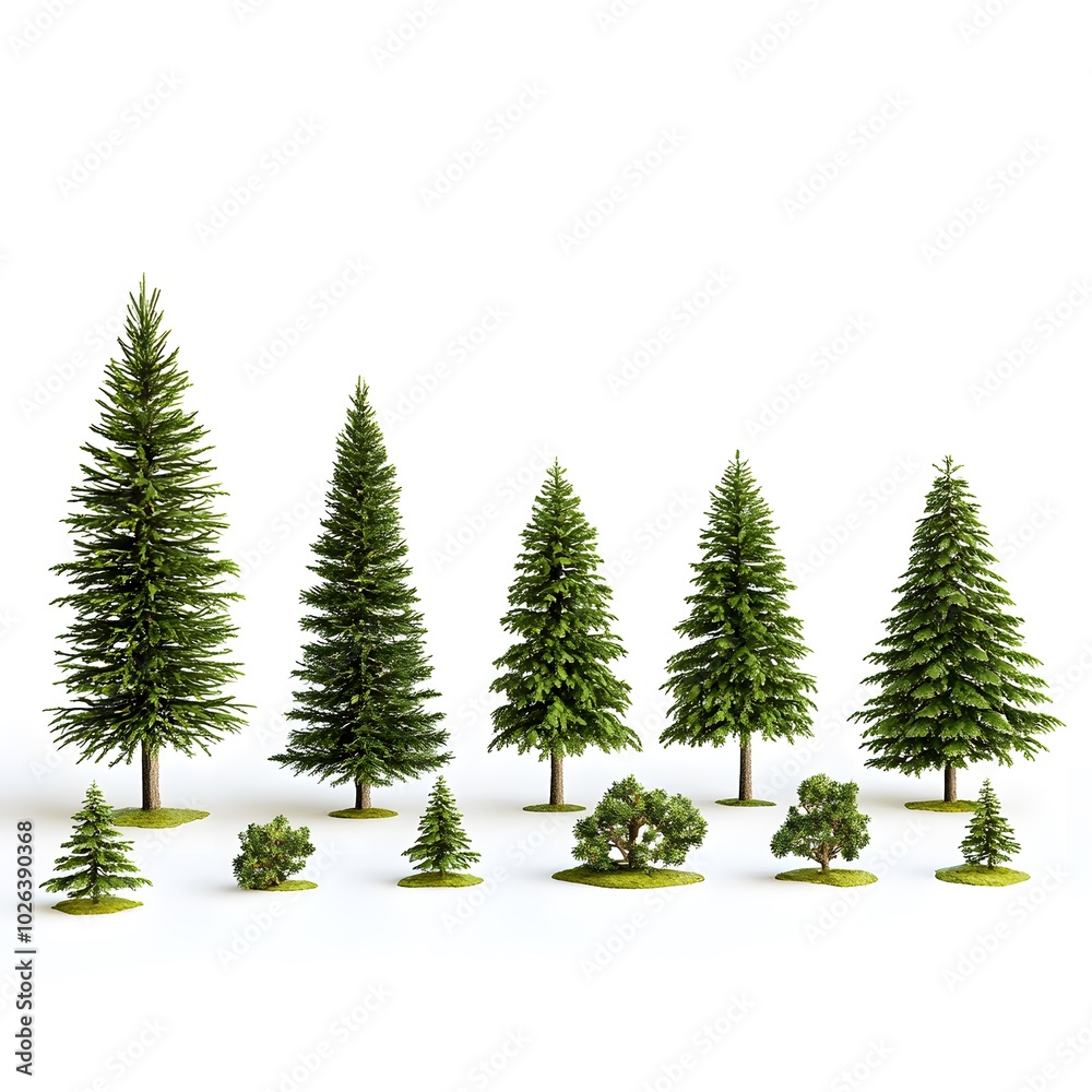 Variety of evergreen trees displayed in different sizes and shapes Variety of evergreen trees displayed in different sizes and shapes