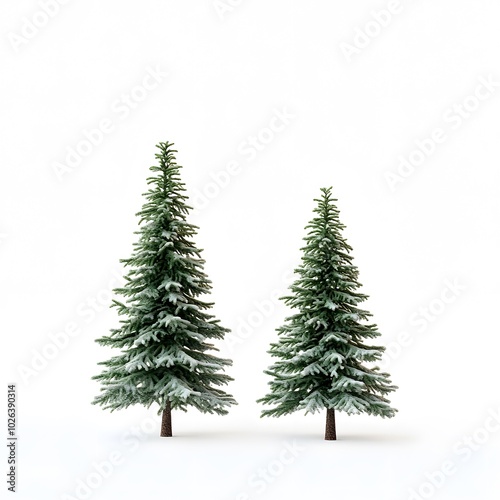 Twin snow-covered evergreen trees on a minimalist white background