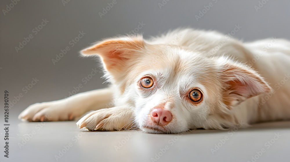 Cute pet is sick, dog looks thin and weak., studio light, on a cleared background,