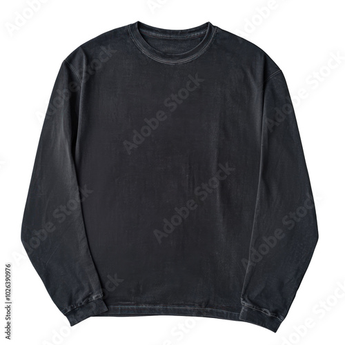 Oversized Stonewashed Black Blank Longsleeve T-shirt Mockup Isolated On Transparent Background	