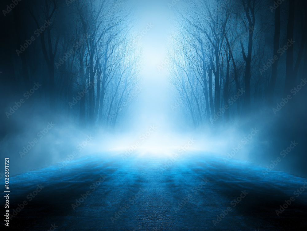 Fototapeta premium Misty forest pathway illuminated by diffused light in a serene, nighttime setting