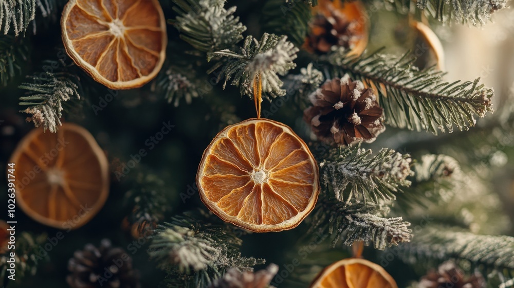 Christmas tree decorated with dried orange slices and pine cones Christmas tree decorated with dried orange slices and pine cones