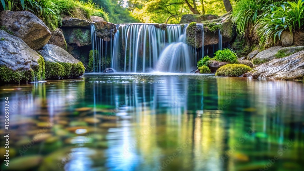 waterfall cascading into clear pond waterfall cascading into clear pond