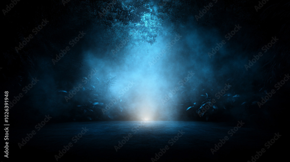 Mysterious mist envelops a secluded clearing illuminated by soft blue light at night Mysterious mist envelops a secluded clearing illuminated by soft blue light at night
