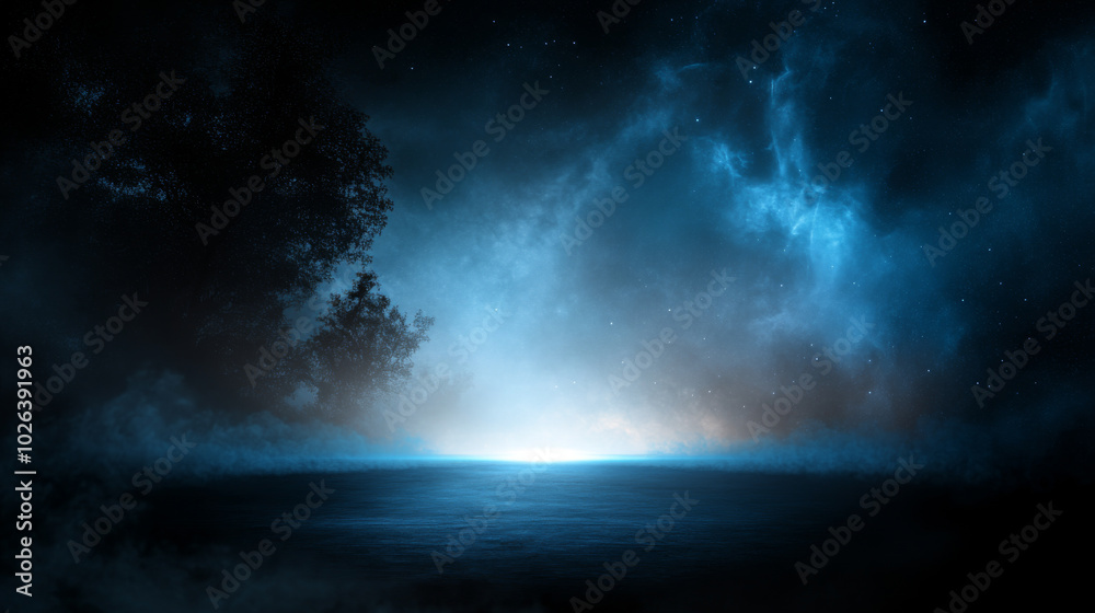 Mysterious twilight transformation over a serene body of water illuminated by soft blue hues Mysterious twilight transformation over a serene body of water illuminated by soft blue hues