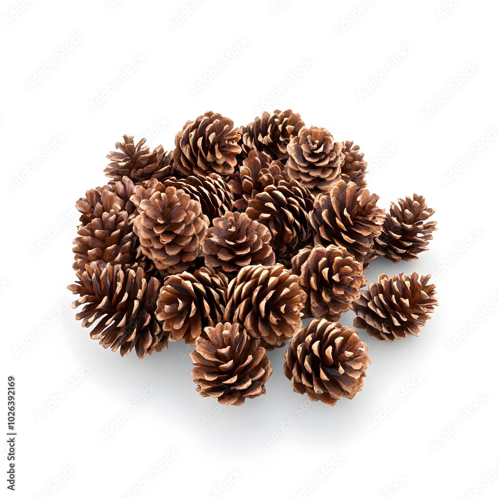 Cluster of natural pine cones on white background for seasonal decor Cluster of natural pine cones on white background for seasonal decor