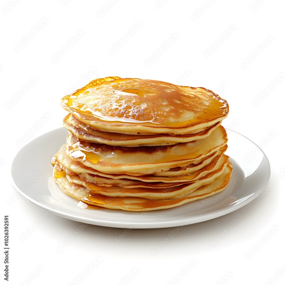 Delicious stack of golden pancakes drizzled with honey on white plate Delicious stack of golden pancakes drizzled with honey on white plate