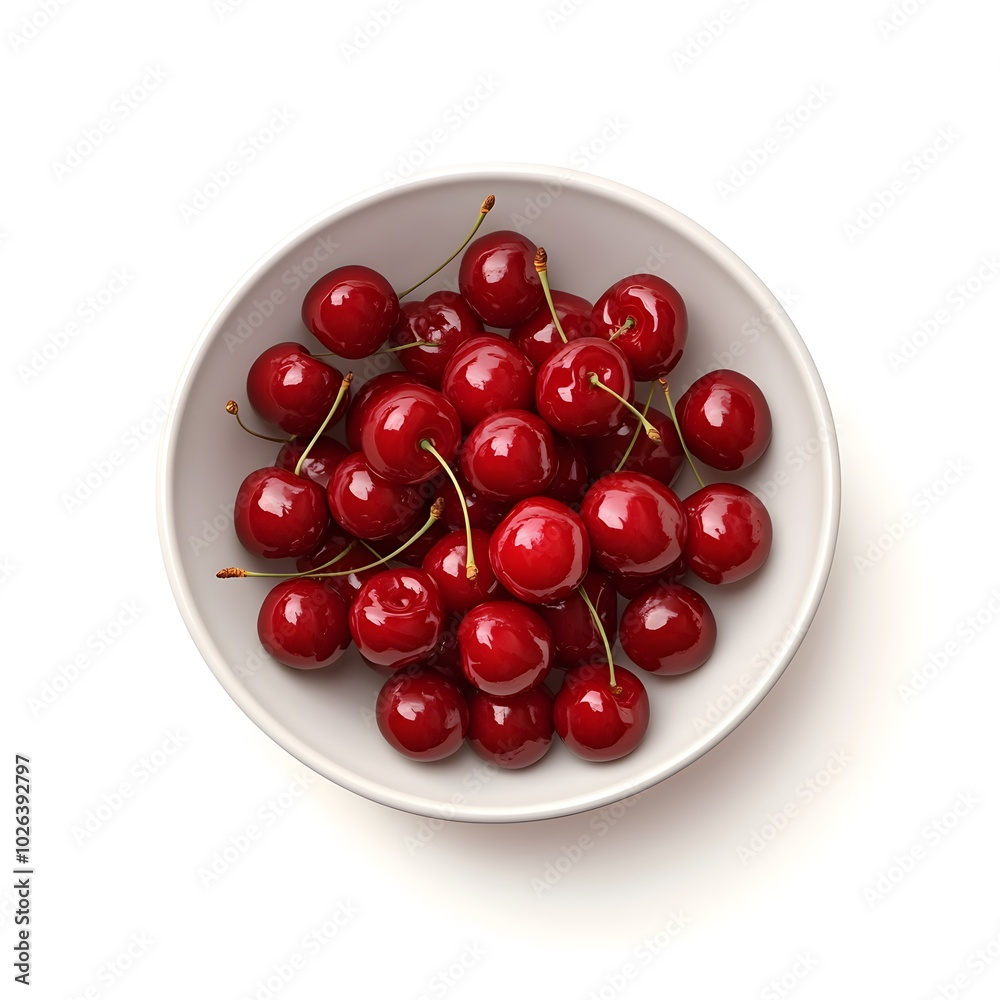 Fresh red cherries in white bowl on minimalist background highlighting natural fruit brightness Fresh red cherries in white bowl on minimalist background highlighting natural fruit brightness