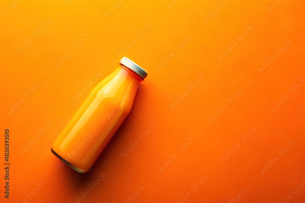 orange juice bottle on orange background aerial view
