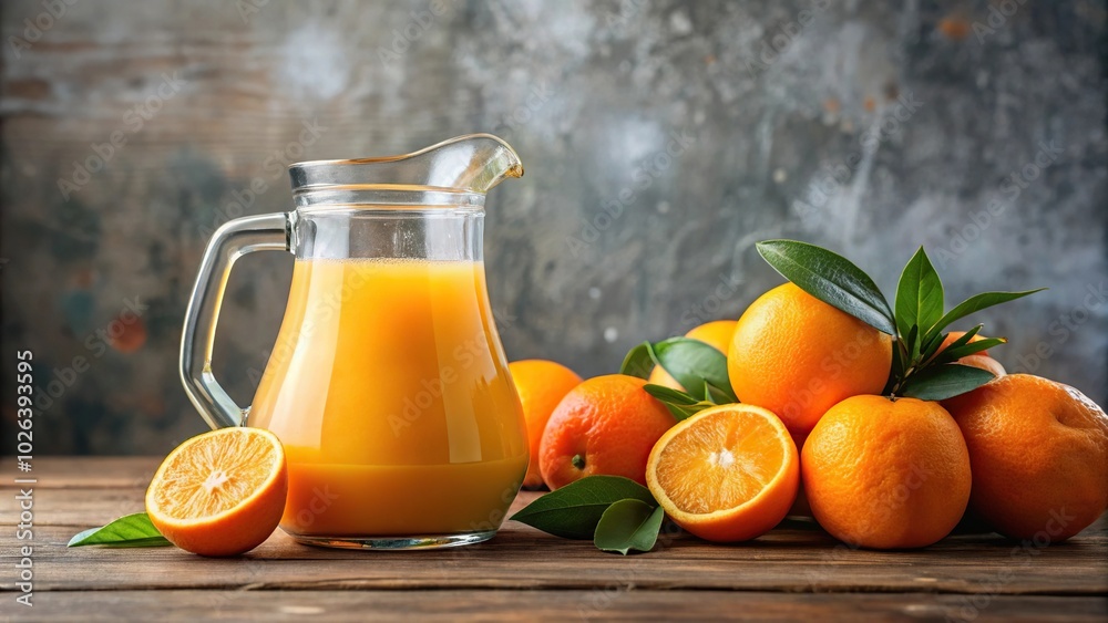 Orange juice in clear glass pitcher with fresh oranges on the side, panoramic Orange juice in clear glass pitcher with fresh oranges on the side, panoramic