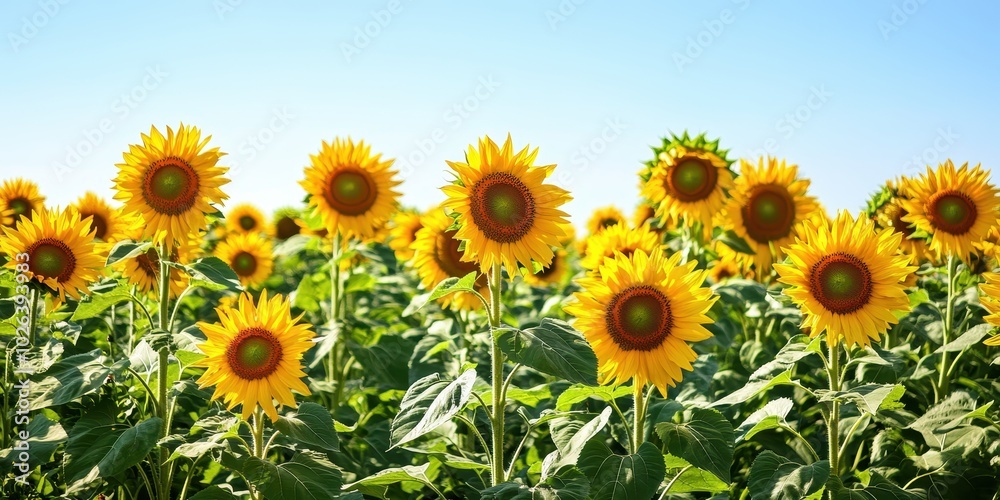 Expansive Sunflower Field Under Clear Blue Sky in Summer Sunlight Expansive Sunflower Field Under Clear Blue Sky in Summer Sunlight