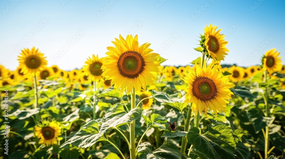 Fototapeta premium Expansive Sunflower Field Under Clear Blue Sky in Summer Sunlight 