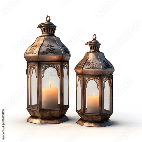 Vintage metal lanterns with candlelight on white background