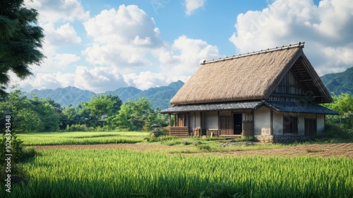 Traditional japanese house standing in rice field with mountains in background