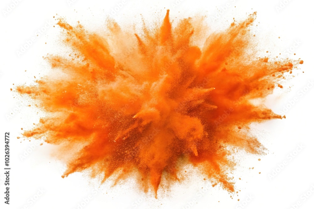 Orange powder explosion effect on white background reflected Orange powder explosion effect on white background reflected