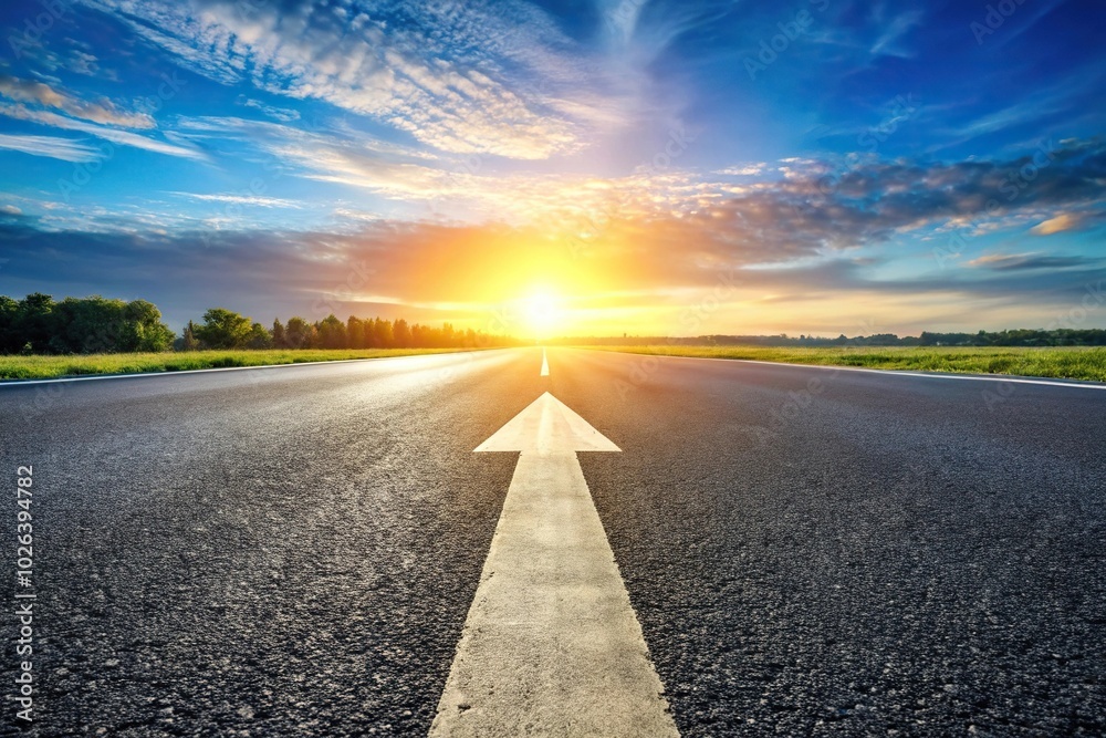 Wide-angle asphalt road with forward arrow symbolizing progress Wide-angle asphalt road with forward arrow symbolizing progress