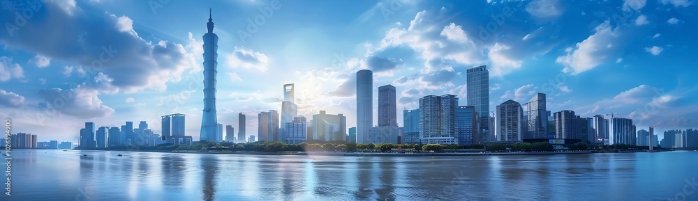 Panoramic wallpaper of beautiful Asian city with horizon and sun Panoramic wallpaper of beautiful Asian city with horizon and sun