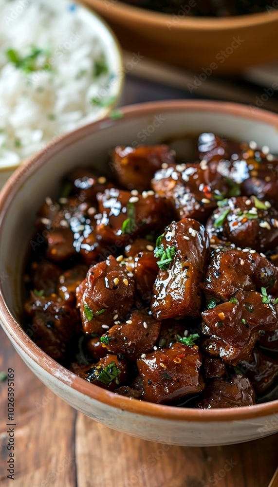 Realistic photo of traditional vietnamese caramelized pork with glossy sauce and rice on wood Realistic photo of traditional vietnamese caramelized pork with glossy sauce and rice on wood
