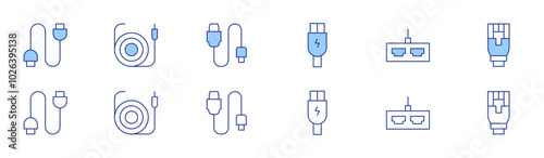 Cable icon set in two styles, Duotone and Thin Line style. Editable stroke. usb cable, usb connection, cable, hdmi, ethernet