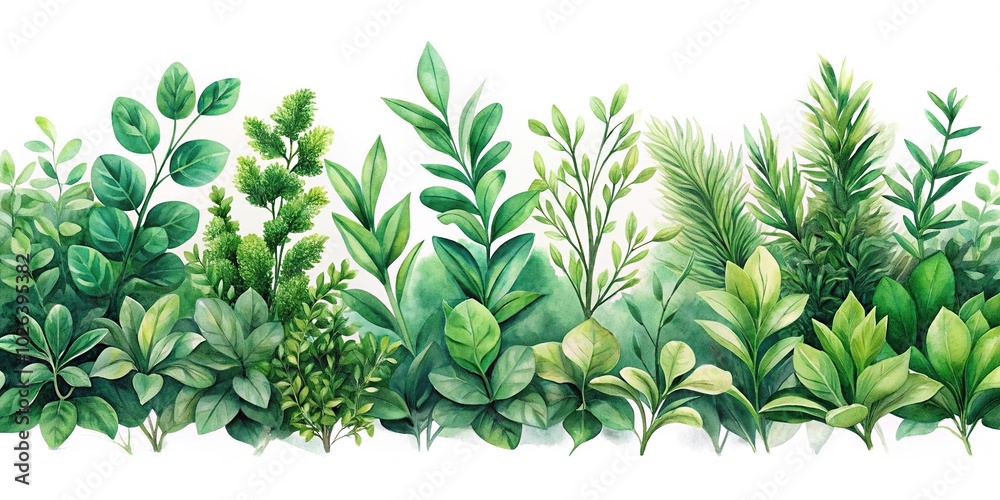 watercolor painting of green plants and shrubs with leaves on white background watercolor painting of green plants and shrubs with leaves on white background