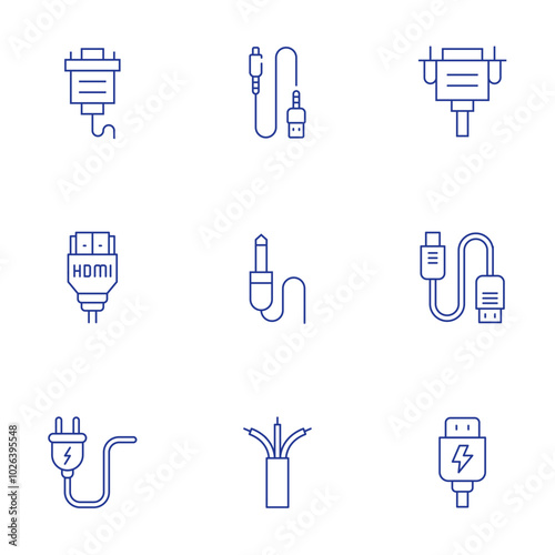 Cable icons set. Thin Line style, editable stroke. usb, wiring, power plug, jack cable, hdmi, hdmi cable, usb cable, vga cable