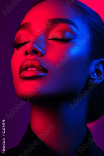 Artistic portrait of a woman with vibrant lighting captured in a studio environment