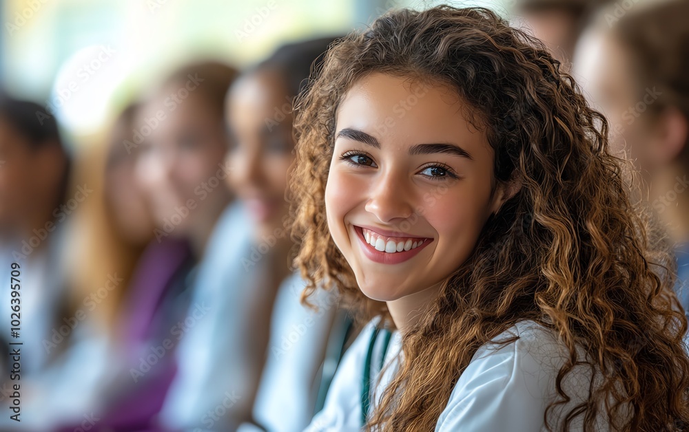 Enthusiastic group of diverse nursing students in training, collaborating with doctor colleagues at college, emphasizing healthcare education and teamwork