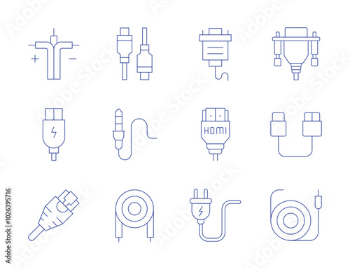 Cable icons. Thin Line style, editable stroke. network cable, power plug, thunderbolt, vga cable, jack cable, cable, usb cable, hdmi cable, cables