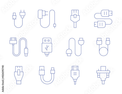 Cable icons. Thin Line style, editable stroke. power cable, ethernet, hdmi cable, usb connection, network cable, charger, plug in, usb cable, vga cable