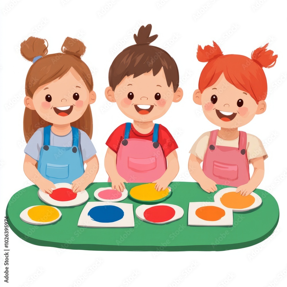 Three children happily engaging in a colorful art activity. Three children happily engaging in a colorful art activity.
