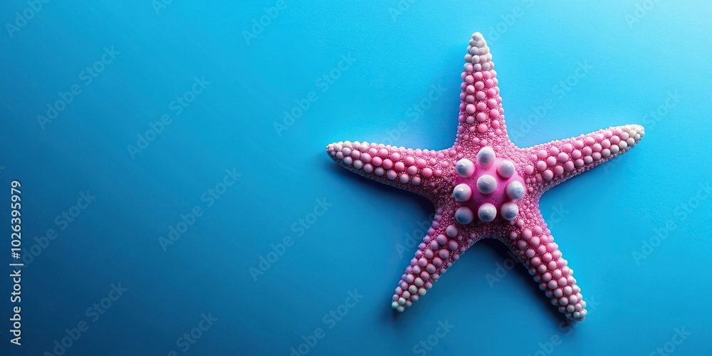 Wide-angle starfish illustration made of small pink circles on blue backdrop