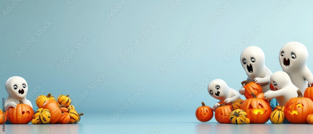 A blue background with a bunch of pumpkins and ghosts A blue background with a bunch of pumpkins and ghosts
