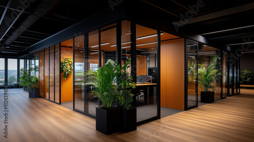 Modern Office Interior With Glass Walls and Green Plants During Daylight