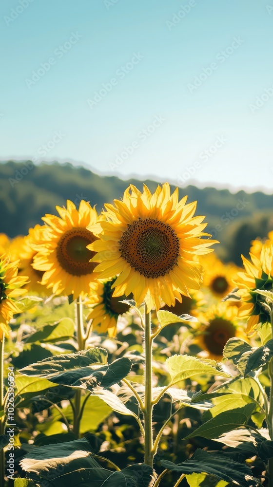Fototapeta premium Expansive Sunflower Field Under Clear Blue Sky in Summer Sunlight 