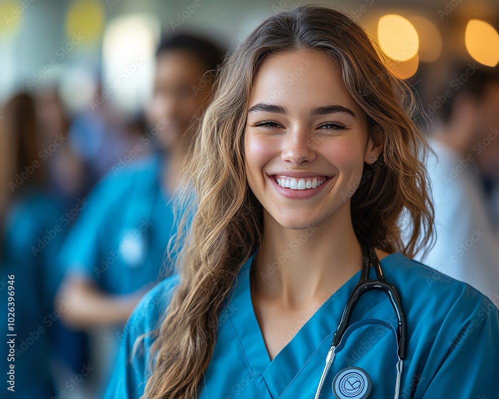 Inspiring image of a diverse group of nursing students at college, engaged in training activities with their doctor colleagues in a healthcare environment